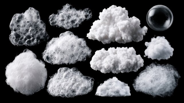 Cotton cloud clusters and soap bubble, soft white fiber tufts arranged on black backdrop, studio lit textures reveal delicate fluff and sheen, playful contrast between light and shadow