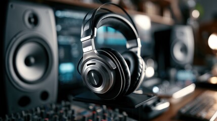 Fototapeta premium Studio headphones hanging over mixing console, closeup focus on monitor speakers and tactile faders, ambient lowlight atmosphere, professional gear poised for recording, podcasting and music