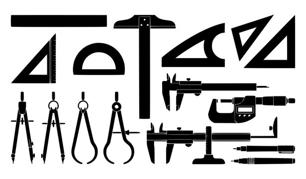 Black measuring tools and drafting instruments vector silhouette set