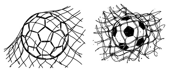 Soccer ball hitting the goal net set in hand drawn doodle style © AnjaliDesai