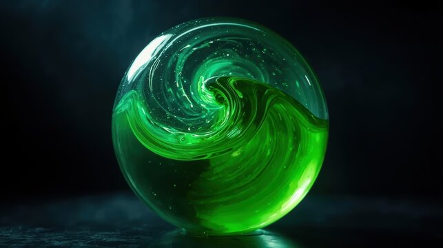 A glowing green crystal ball with swirling liquid inside sitting on a dark surface in the dark