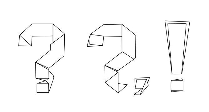 Isometric 3D geometric question marks and exclamation points set with structural line art design for modern architectural and technical projects