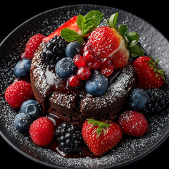 Obraz premium Chocolate lava cake topped with mixed forest berries.