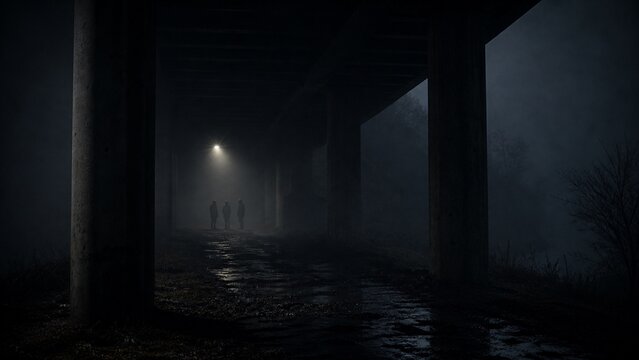 Human Silhouettes Under Foggy Bridge