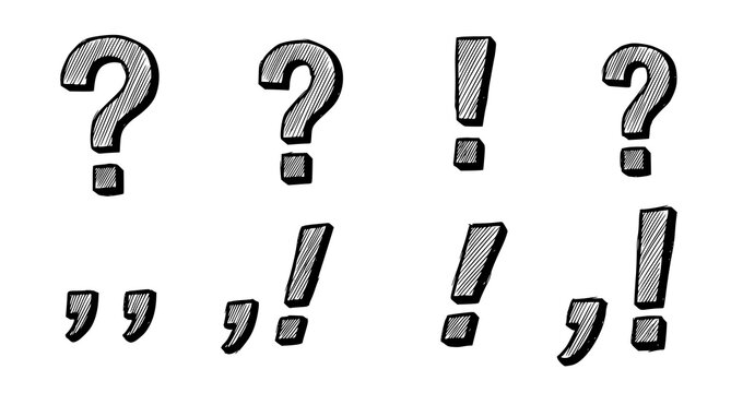 Hand sketched doodle style question marks and exclamation points with textured lines for creative design projects and editorial content