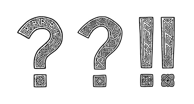 Celtic knotwork patterned question marks and exclamation points with ancient ornamental texture for mystical or historic design themes