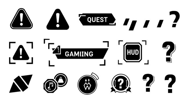 Gaming interface HUD elements featuring quest markers and exclamation point alerts for digital user experience and video game design