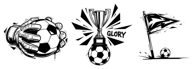 Goalkeeper gloves catching ball and victory trophy with corner flag in dynamic mascot style © AnjaliDesai