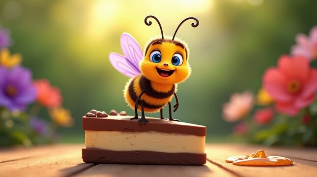 Cute little cartoon bee standing on a delicious slice of chocolate cake in a bright summer garden