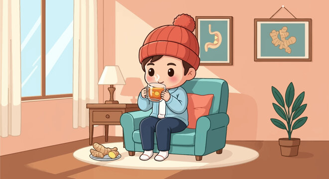 Chibi-style boy wearing a red knit hat and blue jacket sits on a teal armchair drinking hot ginger tea from a glass mug in a room with ginger root and stomach diagram art.