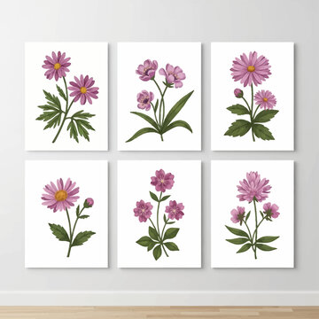 Set of six wall art panels featuring botanical illustrations of pink and purple flowers with green leaves on white backgrounds, arranged in a 3x2 grid on a white interior wall.