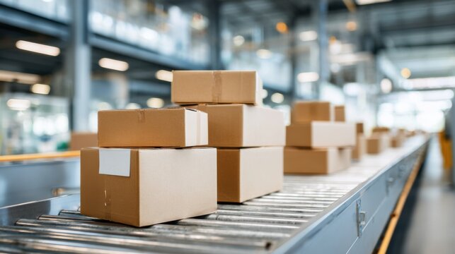 Moving cardboard boxes on conveyor belt, inside bright warehouse with blurred industrial background stacked parcels with barcode labels ready for shipping, modern automation and robotics in motion,