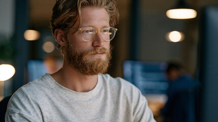 Fototapeta premium A fintech compliance analyst reviews smart contract code for logic vulnerabilities in a modern open-plan office during the early morning hours before colleagues arrive as a