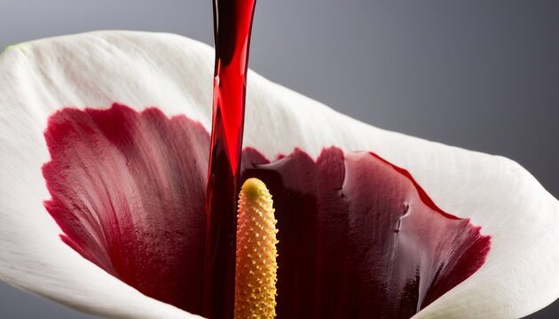 pouring dark red liquid onto a white calla lily flower