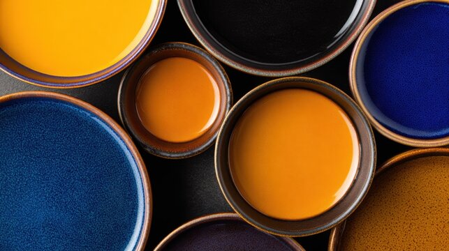 A vibrant arrangement of ceramic bowls in varying sizes and colors, showcasing rich orange and blue hues
