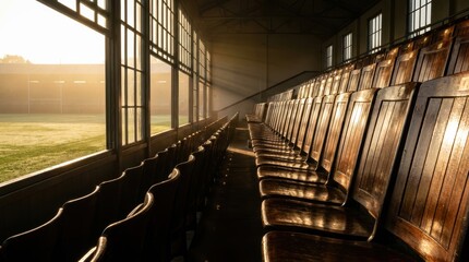Obraz premium Sunbeams illuminate rows of vintage wooden stadium seats overlooking a misty green field creative design image