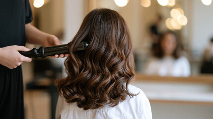 Fototapeta premium Hairstylist wrapping sections of a client's freshly blown-out hair around a large barrel, smoothing tension from root to tip in a salon chair, glossy results visible in the