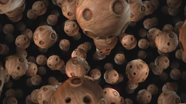 A background of spinning 3D carved wooden style shapes on an endless loop.
