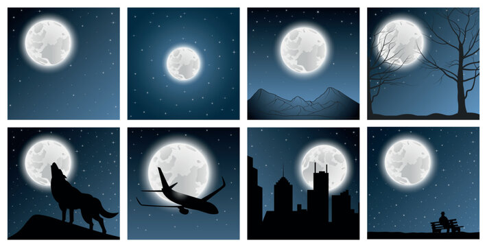 Collection illustration of a silhouette of a wolf, city, airplane, mountains, man and trees on a background of the moon