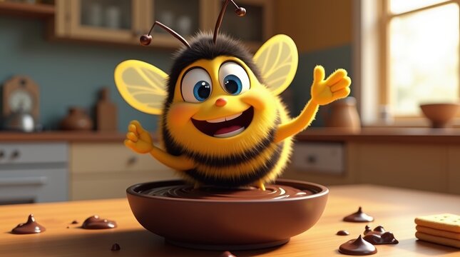 A cute cartoon bee character sitting in a bowl of chocolate cream in a cozy home kitchen background