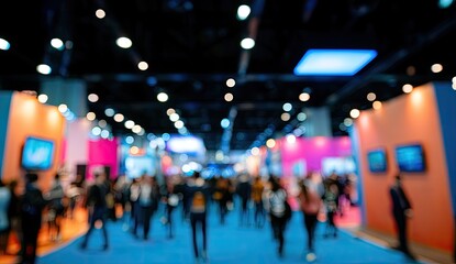 Naklejka premium Blurred, colorful exhibition hall with people walking amidst glowing displays