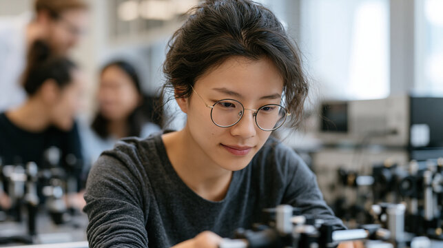 A quantum cryptography researcher in a university photonics laboratory carefully aligns an entanglement-based key distribution apparatus as graduate students observe polarization