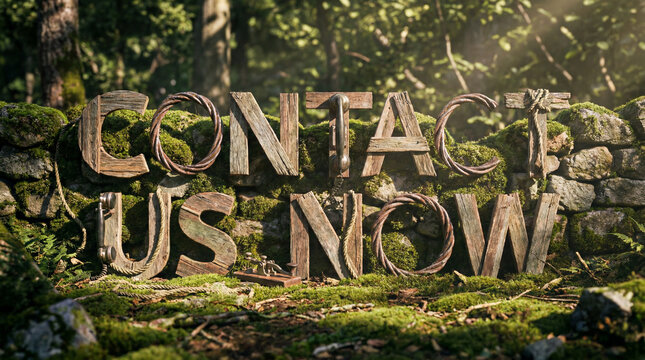 Contacting now using vintage telephone and morse code key forming letters on mossy stone wall in forest