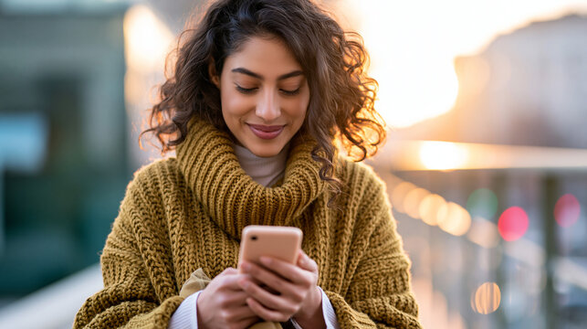 A Hispanic woman uses softly a bright translator app on her smartphone reading calm signage in warm daylight translator app open face warm outdoors natural light candid