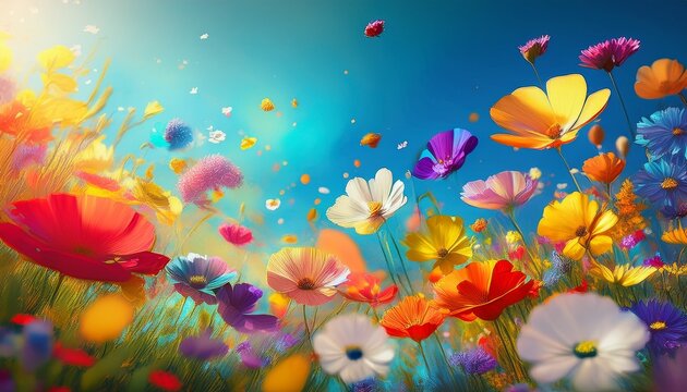 spring abstract background of fresh colorful meadow flowers in the air on clear blue sky plant nature concept flower explosion generative ai