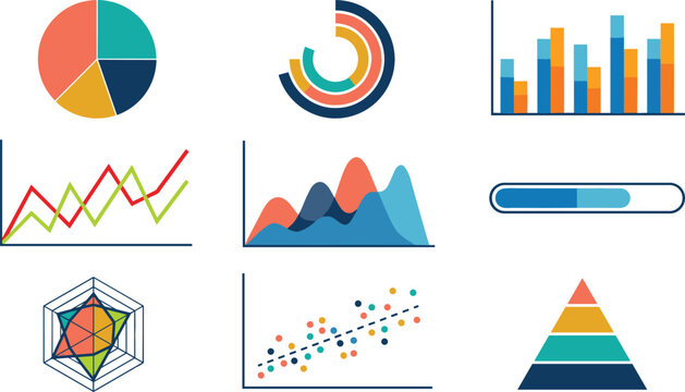 Business analytics and data visualization vector collection featuring pie charts, bar graphs, scatter plots and performance dashboard elements