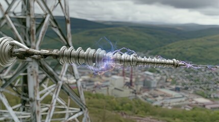 Fototapeta premium Electrical discharge arcs across a power line insulator with a hazy industrial landscape