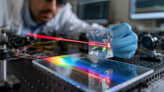 Scientist refracts red laser beam through prism, creating rainbow spectrum