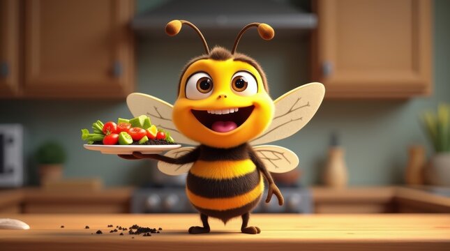 A cute cartoon bee character smiling and holding a small plate of fresh healthy salad in the kitchen