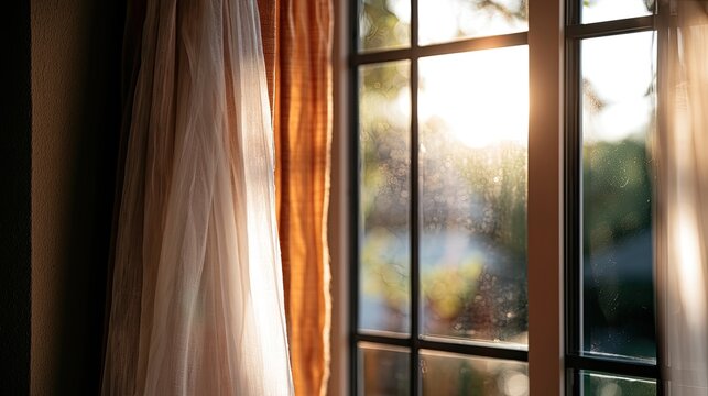 Sunlit room with sheer and patterned curtains and a view through a window