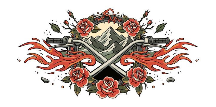 Motorcycle handlebars with roses and flames design