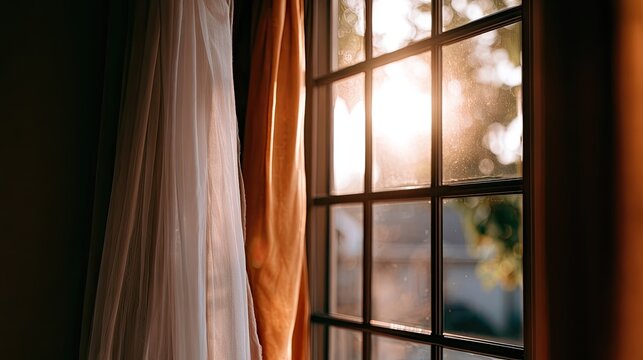 Soft sunlight streams through a mullioned window, illuminating sheer white and gold curtains