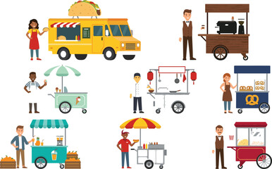 Street food vendor and mobile food cart vector collection featuring food trucks, snack stands, market stalls and outdoor catering businesses © sumi