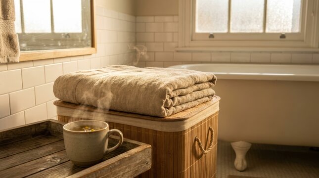 Steaming chamomile tea and folded beige linen rest on a wooden hamper in a sunlit bathroom creative design image