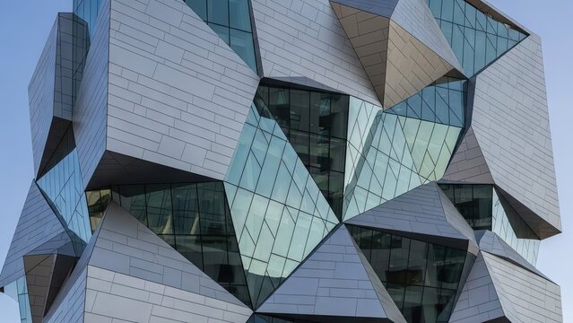 Modern geometric building facade with glass and metallic panels