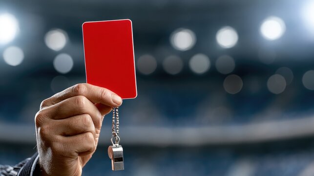 Hand holding red card and whistle with stadium lights in background