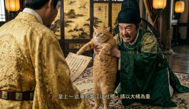 "大橘為重" (d&agrave; j&uacute; w&eacute;i zh&ograve;ng) is a clever Chinese pun based on the idiom "大局為重," meaning "to prioritize the big picture." Since "局" (situation) and "橘" (orange cat) are homophones