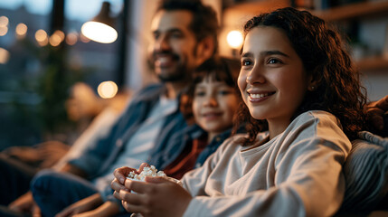 Obraz premium A Hispanic family enjoys softly a bright movie night on a calm smart TV with warm lighting in a cozy living room movie night open faces warm home interior natural light