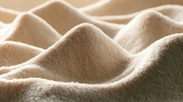 Close-up, abstract texture of soft, rippling beige fibers, creating gentle waves