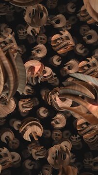 A background of spinning 3D carved wooden style shapes on an endless loop.
