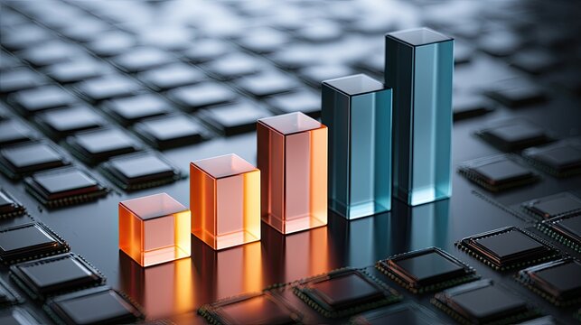 3D bars ascend on a circuit board, signifying growth