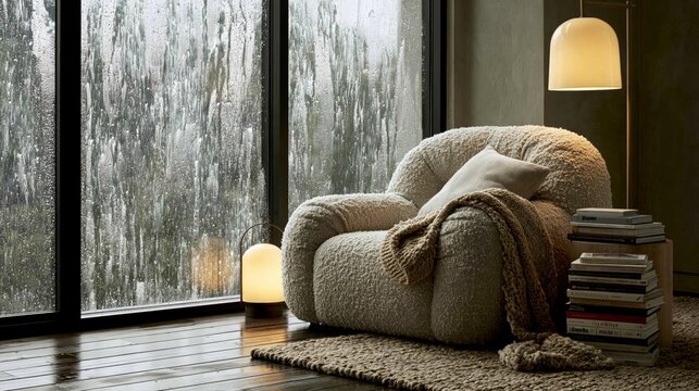 Cozy boucl&eacute; armchair near rainy window with soft lighting