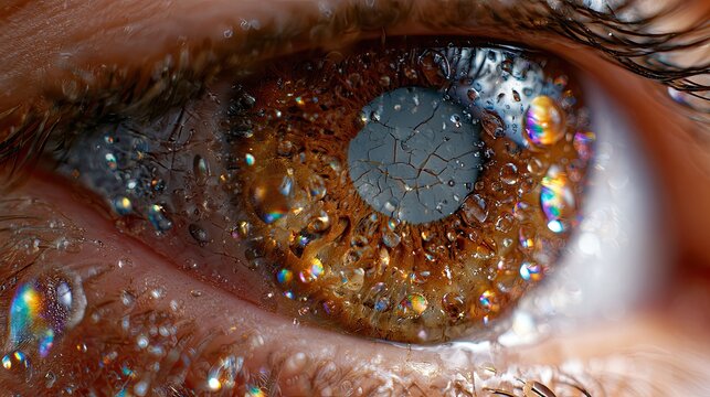 Extreme close-up of a brown iris adorned with shimmering water droplets