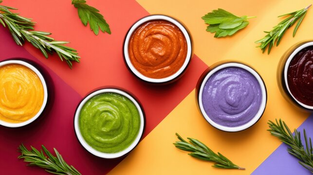 Colorful bowls of various smooth dips arranged on a vibrant geometric background