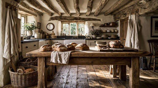 Freshly baked sourdough bread loaves on wooden farmhouse kitchen table