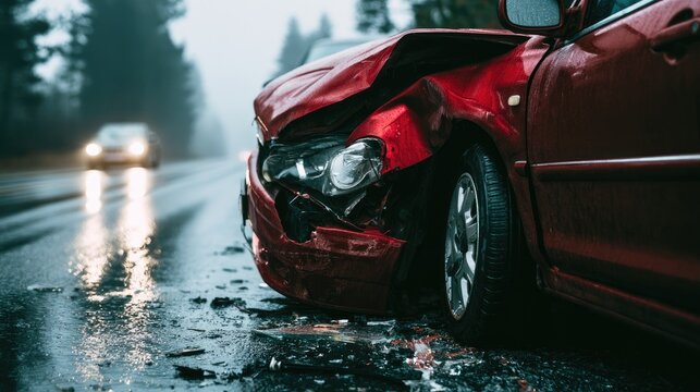 Damaged red car on wet, reflective road after collision, trees in background